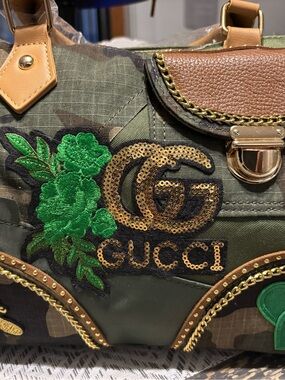 HANDMADE Green Embroidered Floral Logo Shoulder Bag with Gold Accents